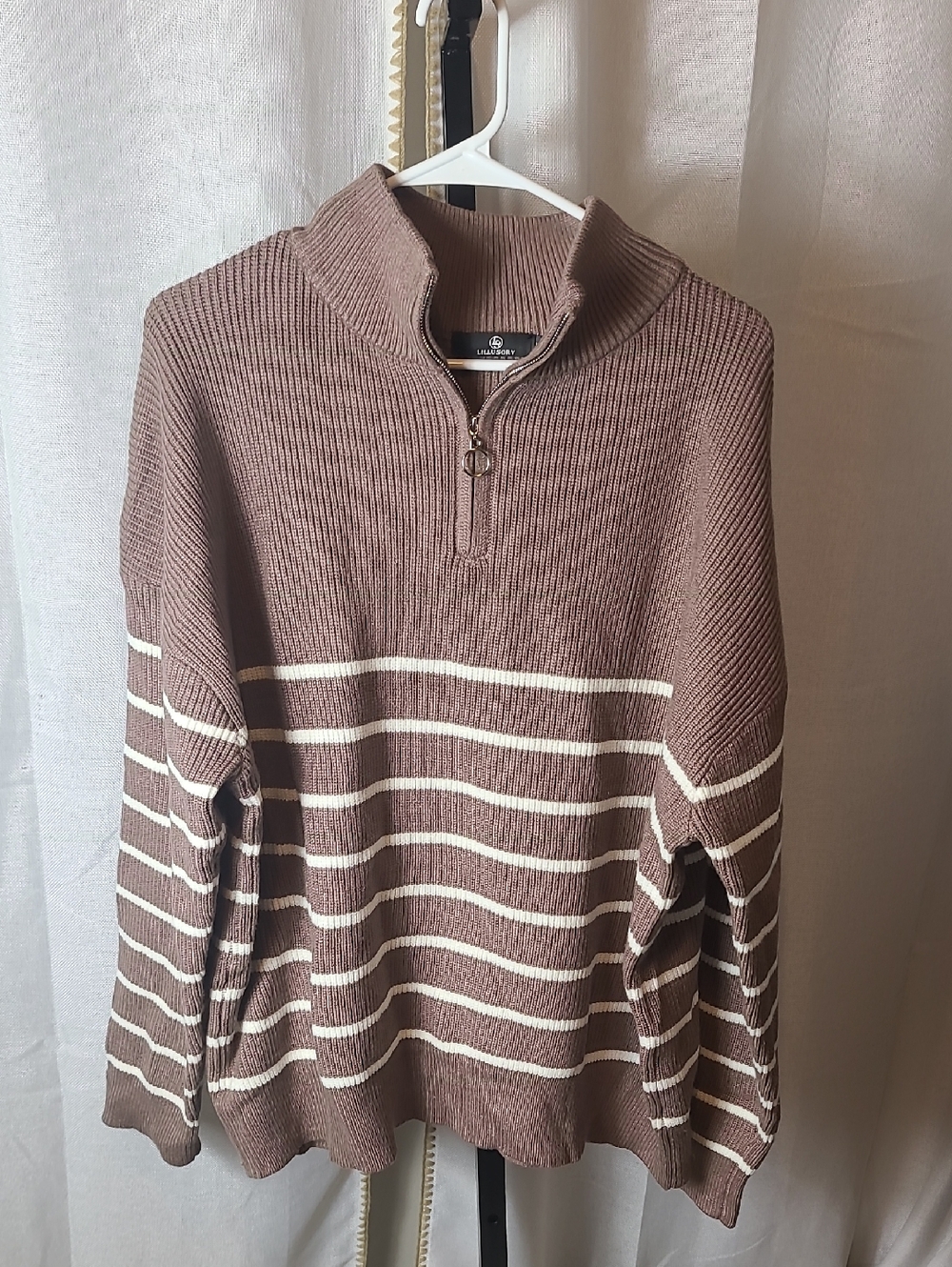 LILLUSORY Quarter Zip Striped Oversized Collar Pullover Sweater Knit XL - Picture 2 of 4